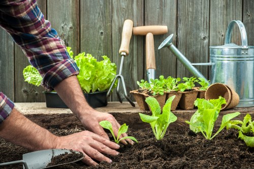 Workers inspecting a garden before work begins to demonstrate public liability considerations